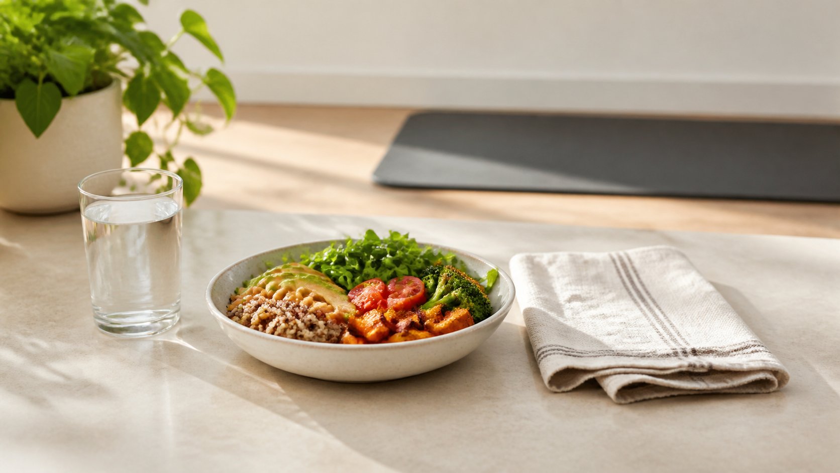 Bowl of quinoa, roasted sweet potato, broccoli, avocado and salad greens beside a glass of water on a sunlit kitchen counter