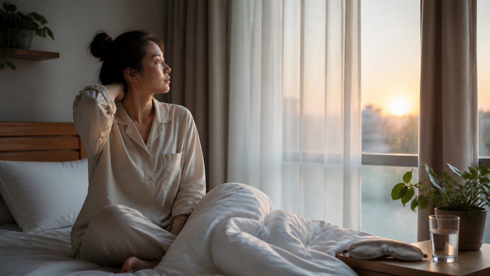 Woman sitting on the edge of her bed at sunrise rubbing her neck, with a sleep mask and glass of water on the nightstand