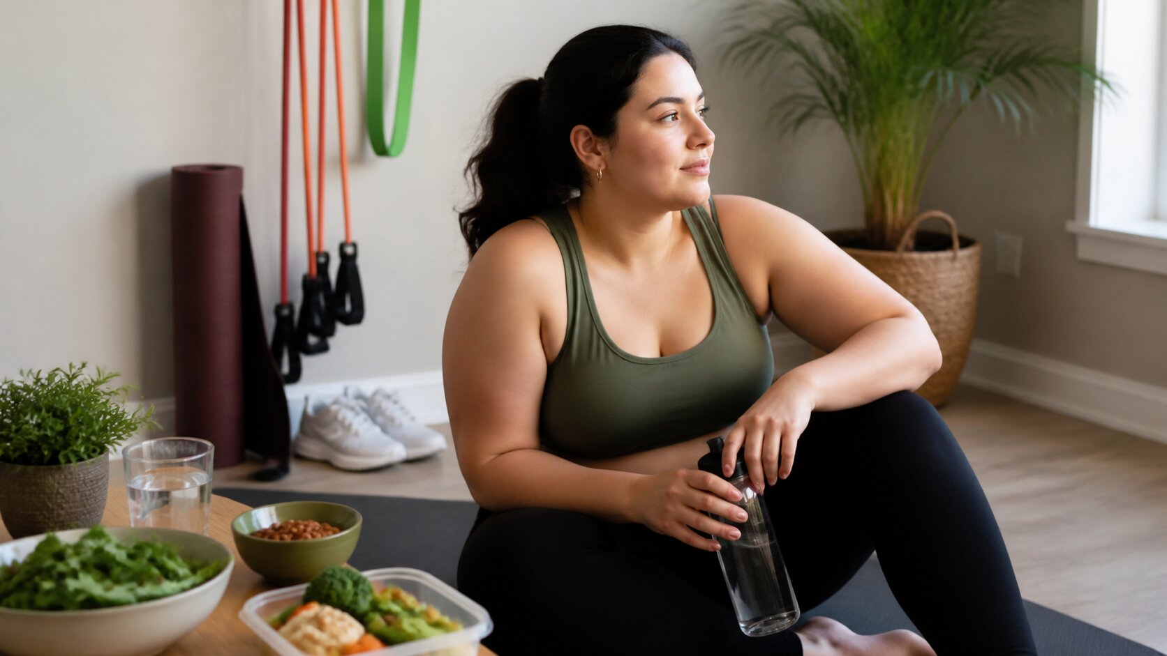 Woman resting on a yoga mat with a water bottle beside prepared vegetables, protein and resistance bands