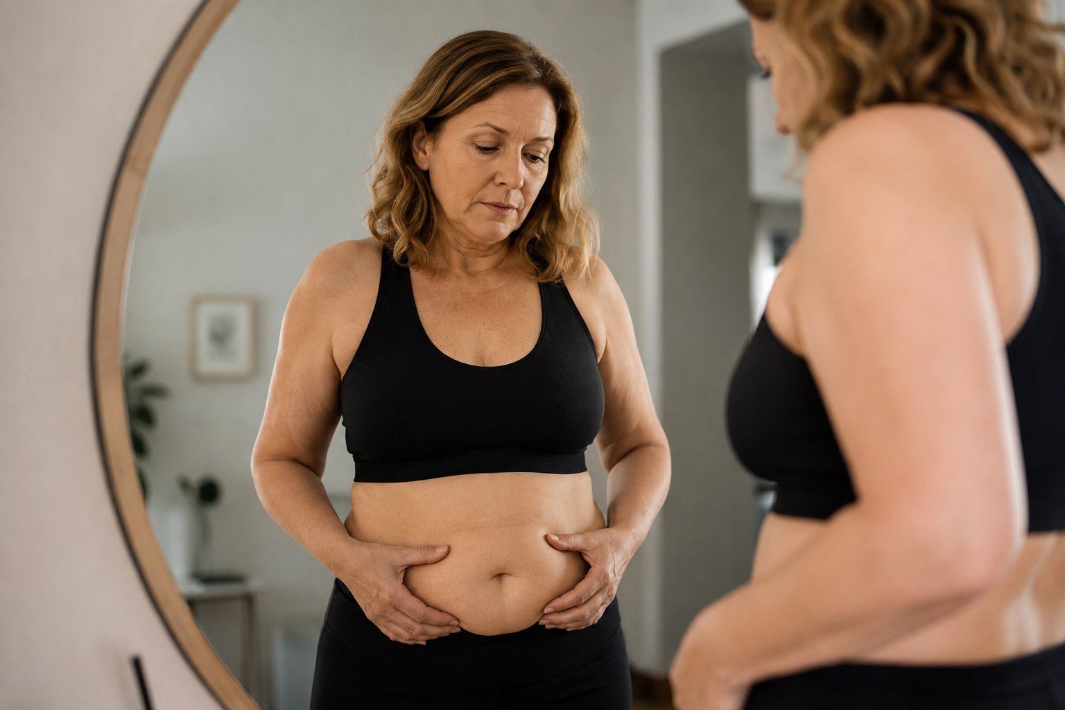 Menopausal woman checking belly fat and body changes in a mirror at home