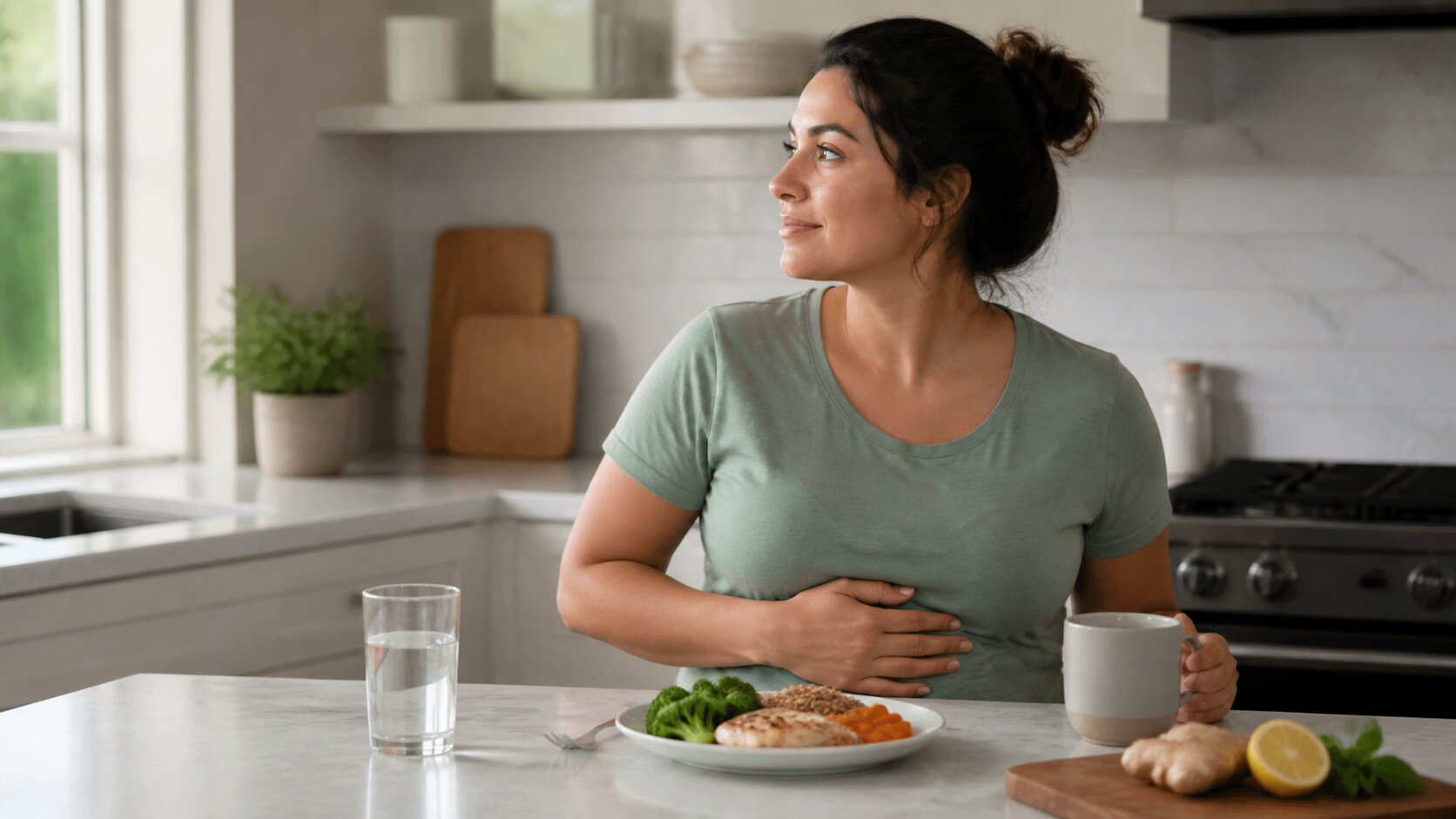 Woman resting a hand on her stomach at a kitchen counter beside a light meal of chicken and vegetables, water, fresh ginger and lemon