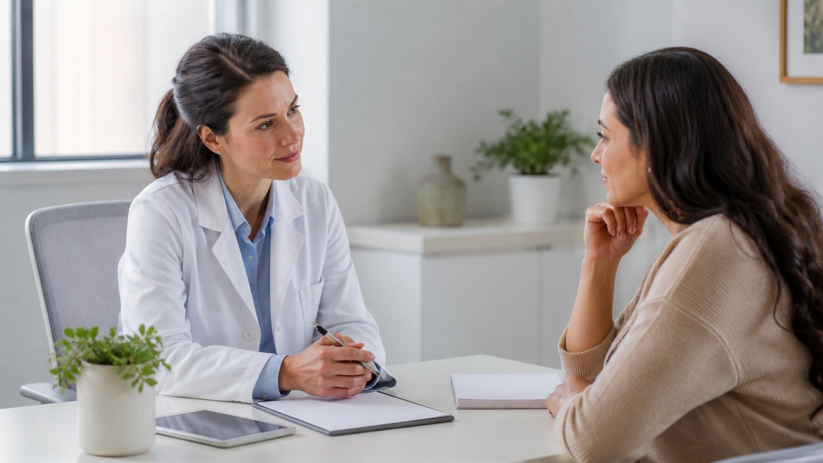 Clinician in a white coat holding a pen and notepad talking with a patient across a desk in a bright consultation room