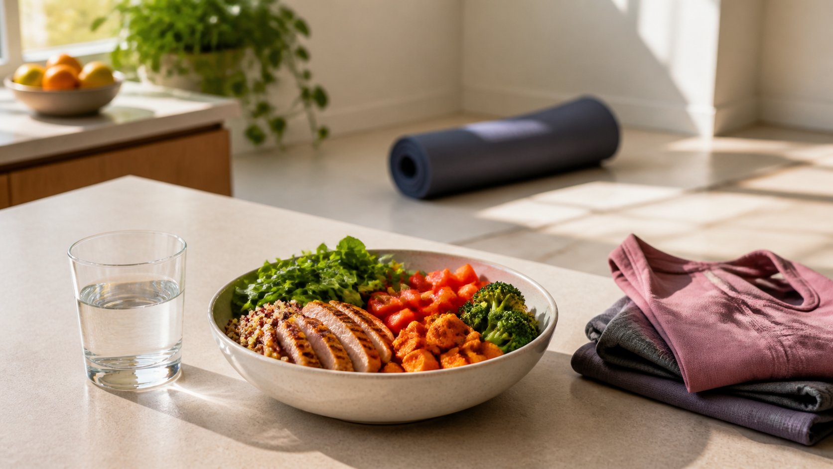 High protein meal with vegetables, a glass of water and folded workout clothes, the daily habits behind real Ozempic before and after results