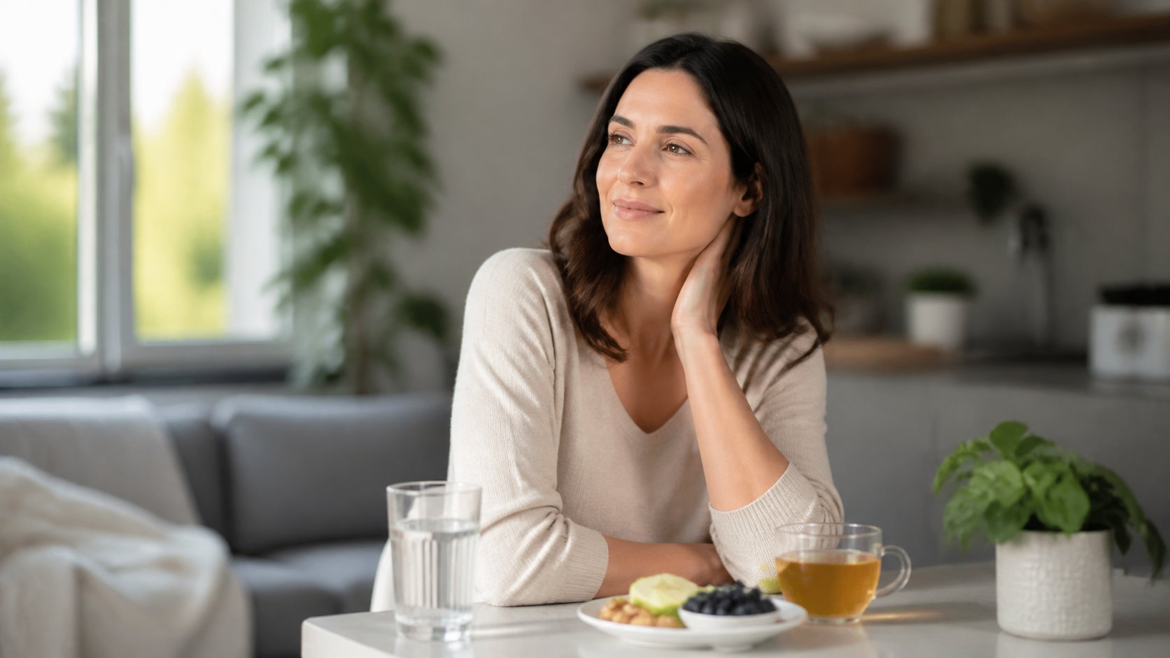 Woman resting at a kitchen table with a glass of water, herbal tea and a light snack to ease phentermine side effects