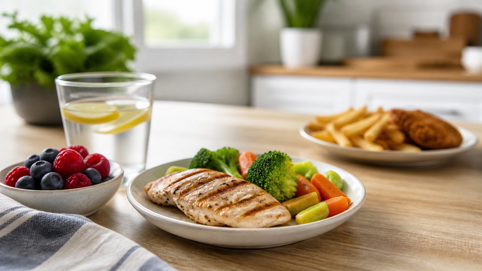Plate of grilled chicken and steamed vegetables with berries and lemon water in the foreground and a plate of fried food in the background