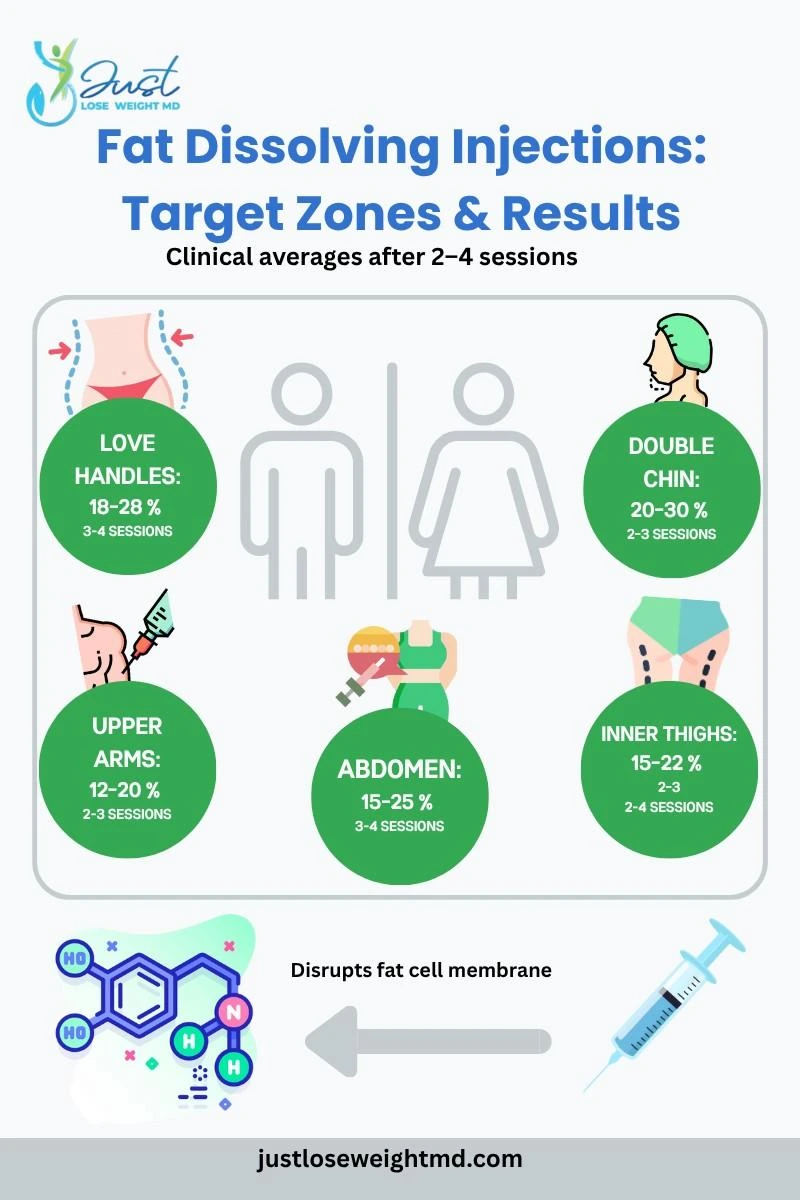 Infographic showing fat reduction percentages for double chin, abdomen, love handles, thighs, arms after 2-4 sessions