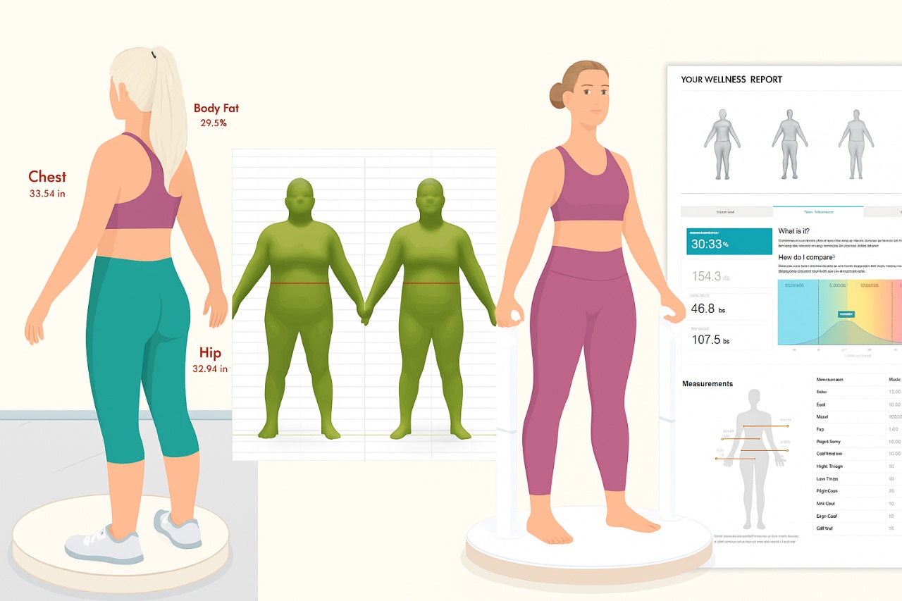 Illustration of body composition scan types including DEXA, BIA, and 3D Styku