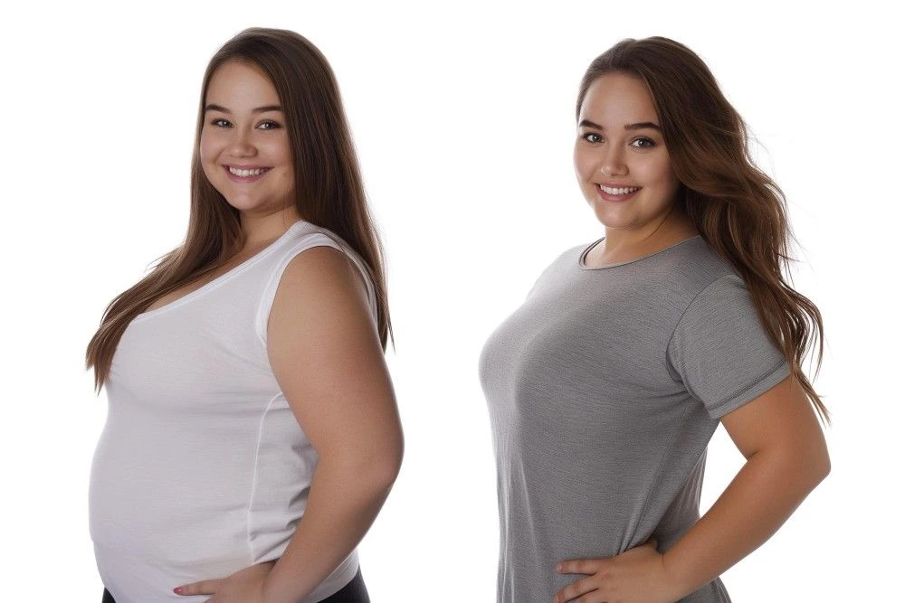 Side-by-side before and after photos of a new mom achieving healthy postpartum weight loss through medical supervision